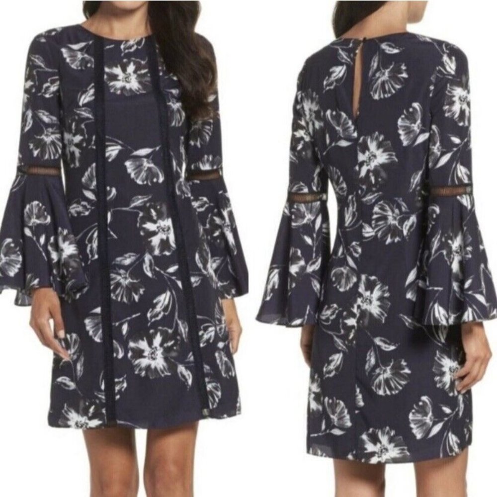 Vince Camuto Crepe de China A-Line Dress Bell Sleeve Floral Navy Blue‎ Size 4